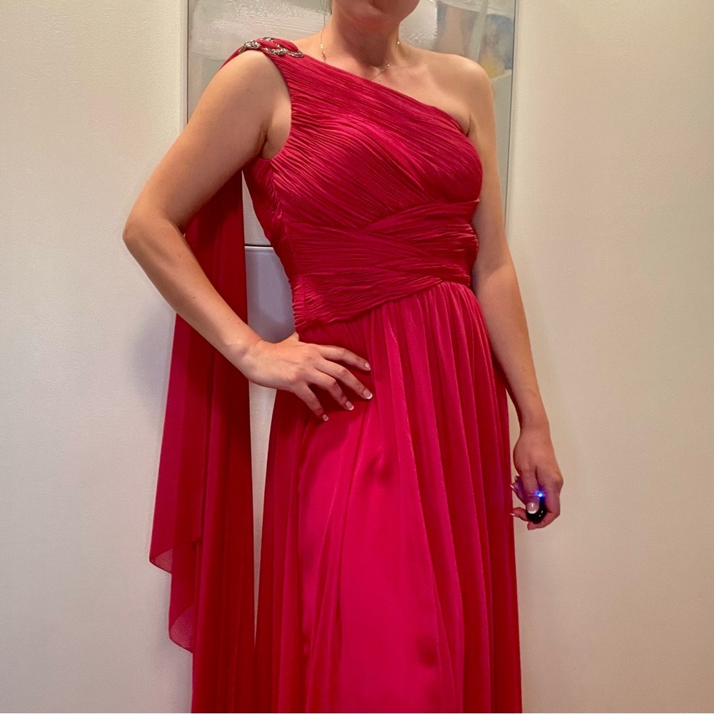Pronovias off shoulder trench evening gown in fuchsia size10